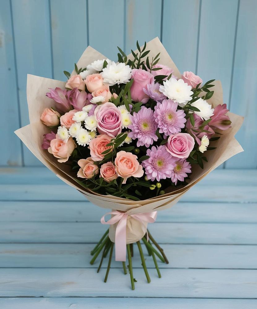 Букет цветов из: Хризантемы, Розы и Альстромерии в Большом Царыне