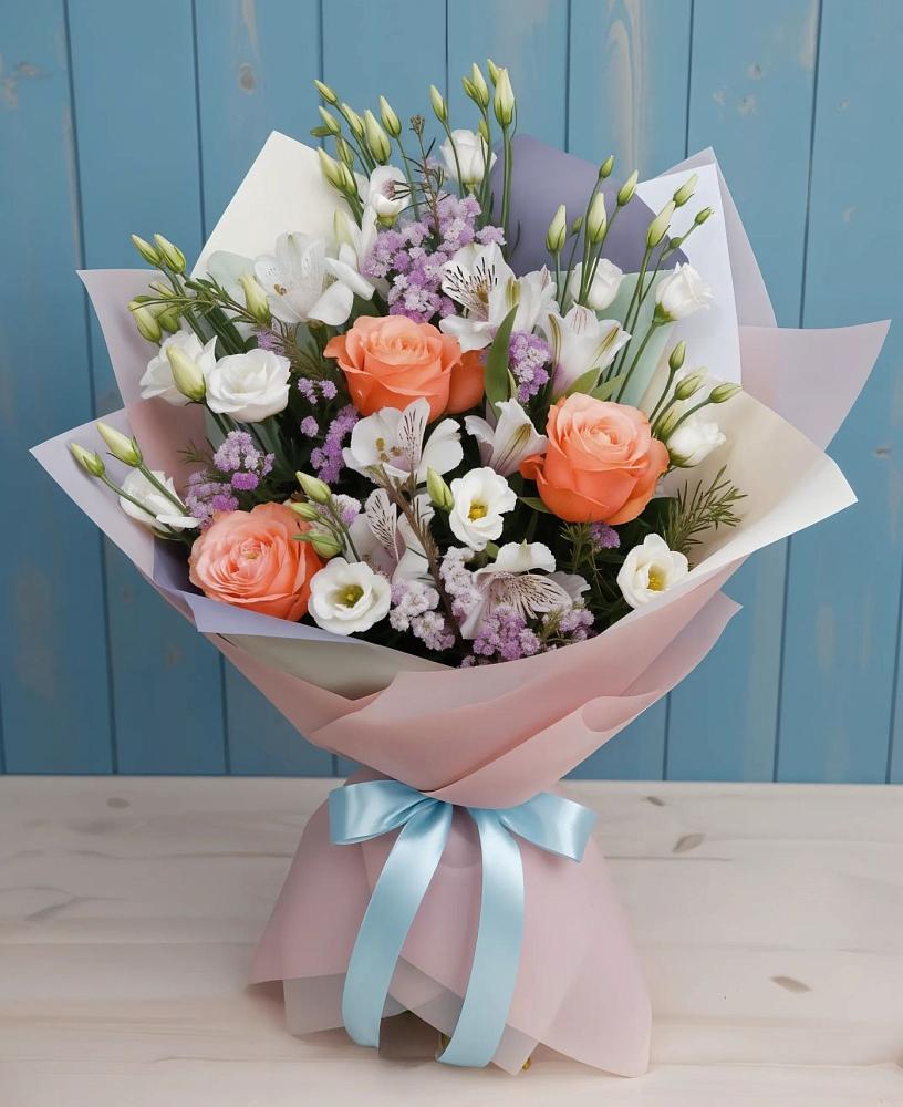 Букет цветов из: Лизиантусы, Розы, Альстромерии и Гипсофила в Большом Царыне
