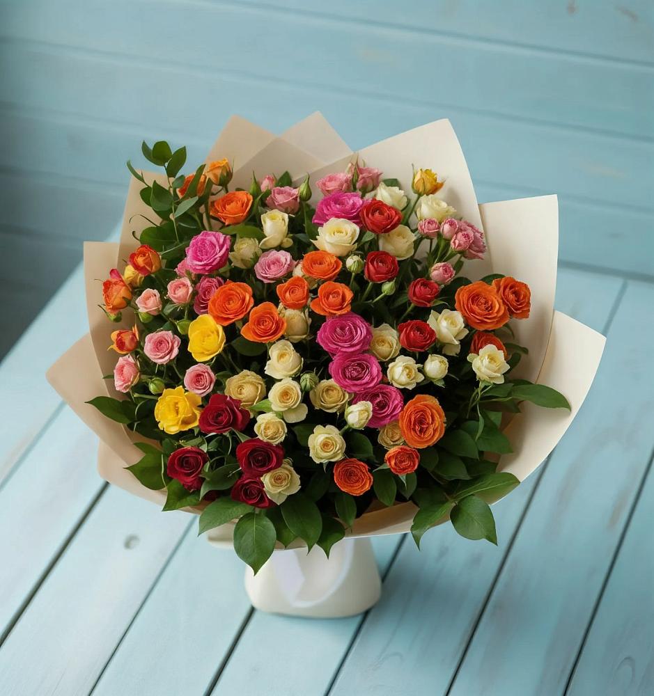 Букет Микс из разноцветных кустовых роз в Большом Царыне