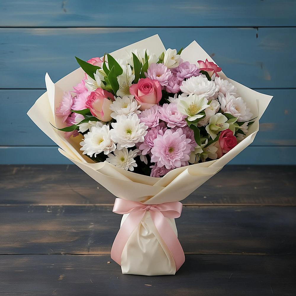 Букет цветов из: Хризантемы, Альстромерии и Розы в Большом Царыне